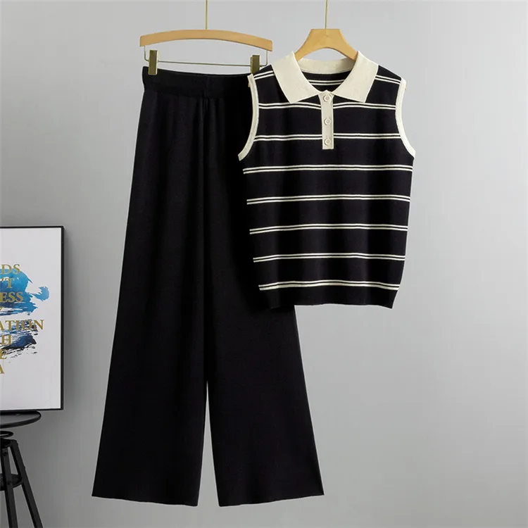 Polo Collar Knit Sleeveless Striped Tops 2 Piece Sets Women New Knitwear Jumper Tank Tee Suits High Waist Wide Leg Pant Conjunto