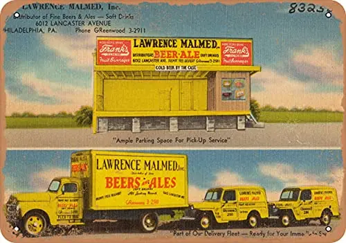 Metal Sign Pennsylvania Postcard - Lawrence Malmed Inc, Distributor of fine Beers & ales - Soft Drinks - Vintage Rusty Look