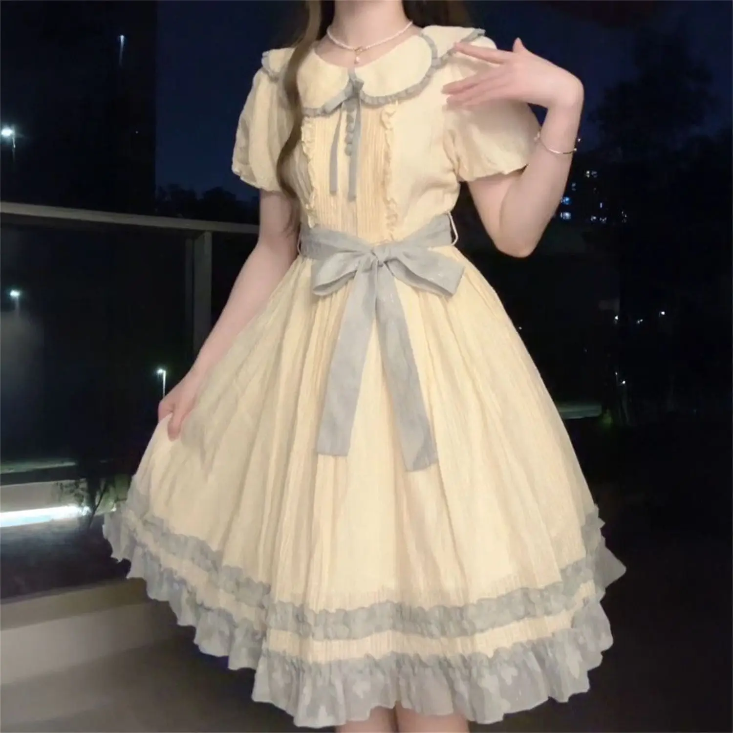 

French Doll Collar Puff Sleeve Dress 2025 Summer Bow Tie Waist Mini Coquette Aesthetic Lace Trim Student Fashion