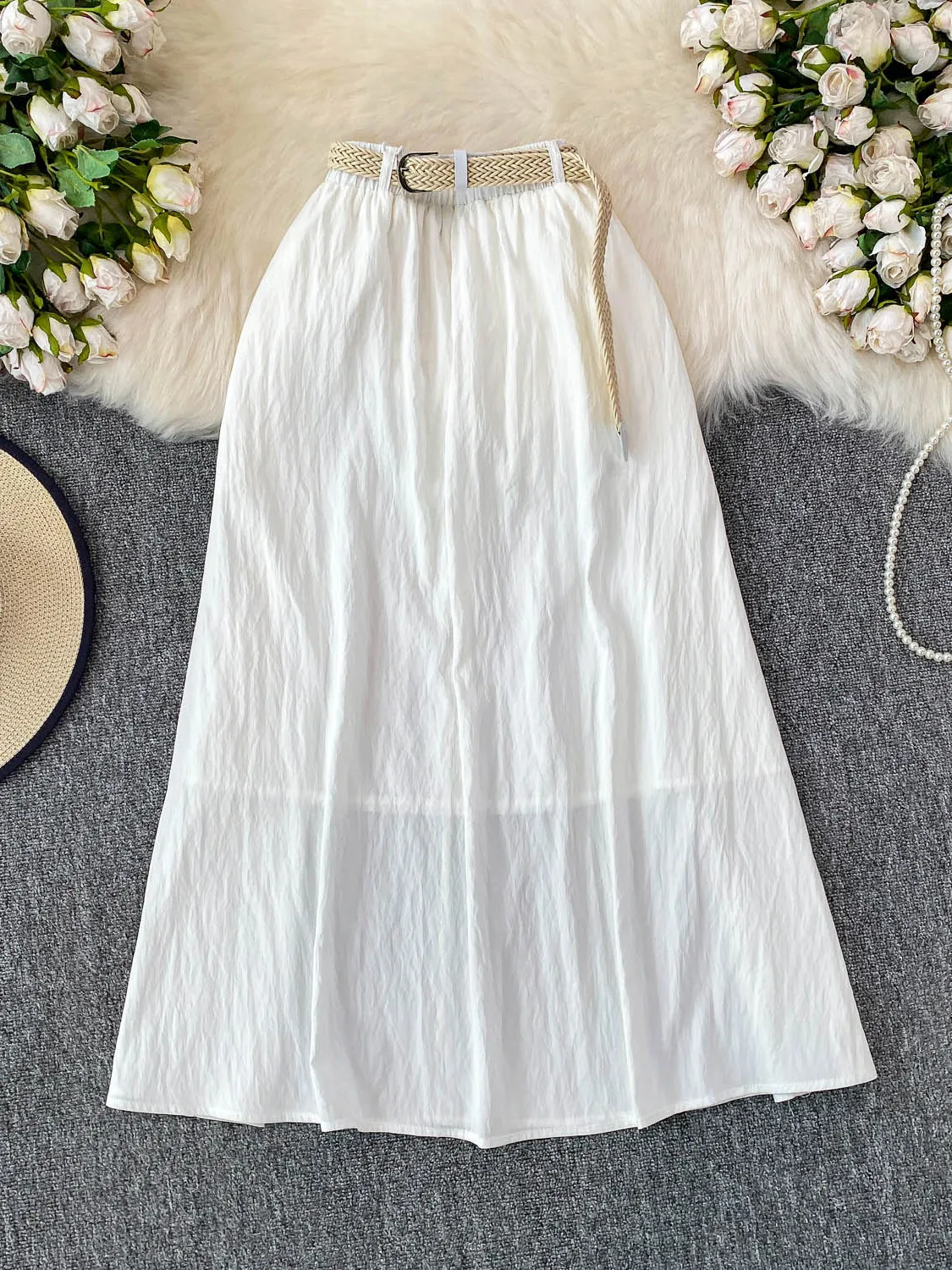 

White Belted Midi Skirt Women's Faionable Retro High Waist Slimming Over-Knee Length A-Line Skirt Korean Sle Commute