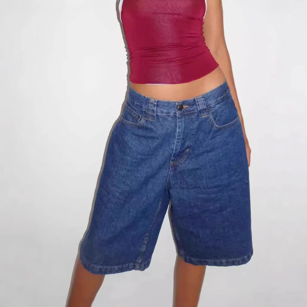 American Style Women Jeans Over Knee Length Solid Color Summer Trendy Loose Fit Casual Denim Shorts Streetwear Tide