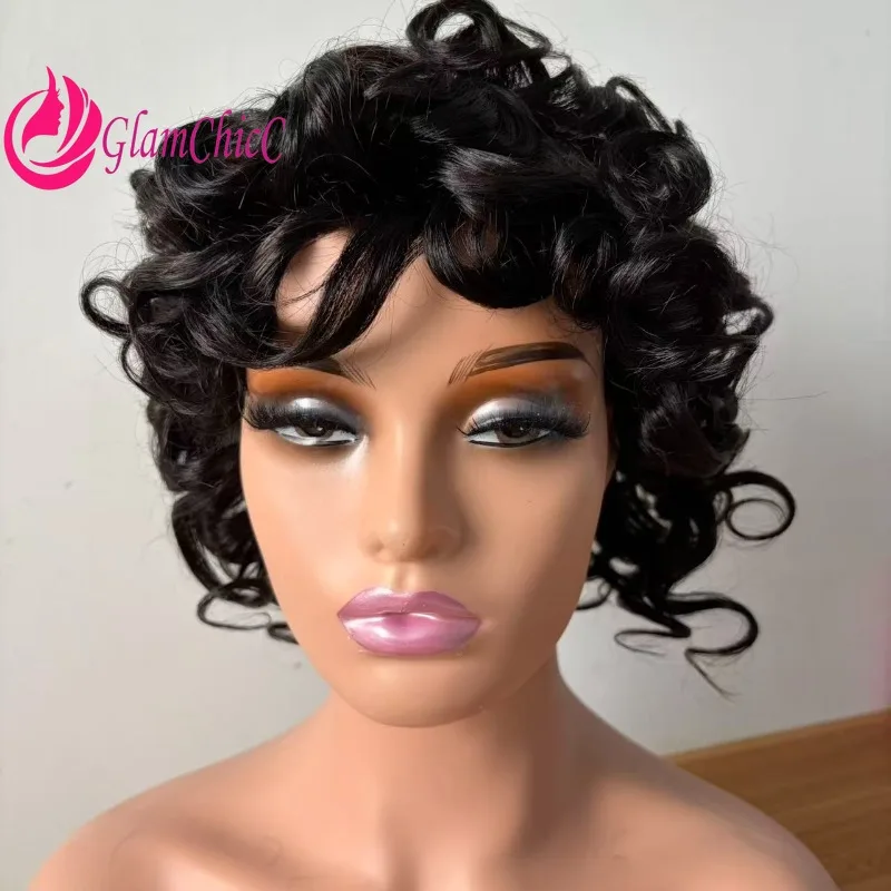 

Женский короткий парик с маленькой волной, полный машинный парик, бразильский парик Virgin Remy Wear, плотность 180%, для женщин, бесклеевой, готовый к работе, ежедневное использование