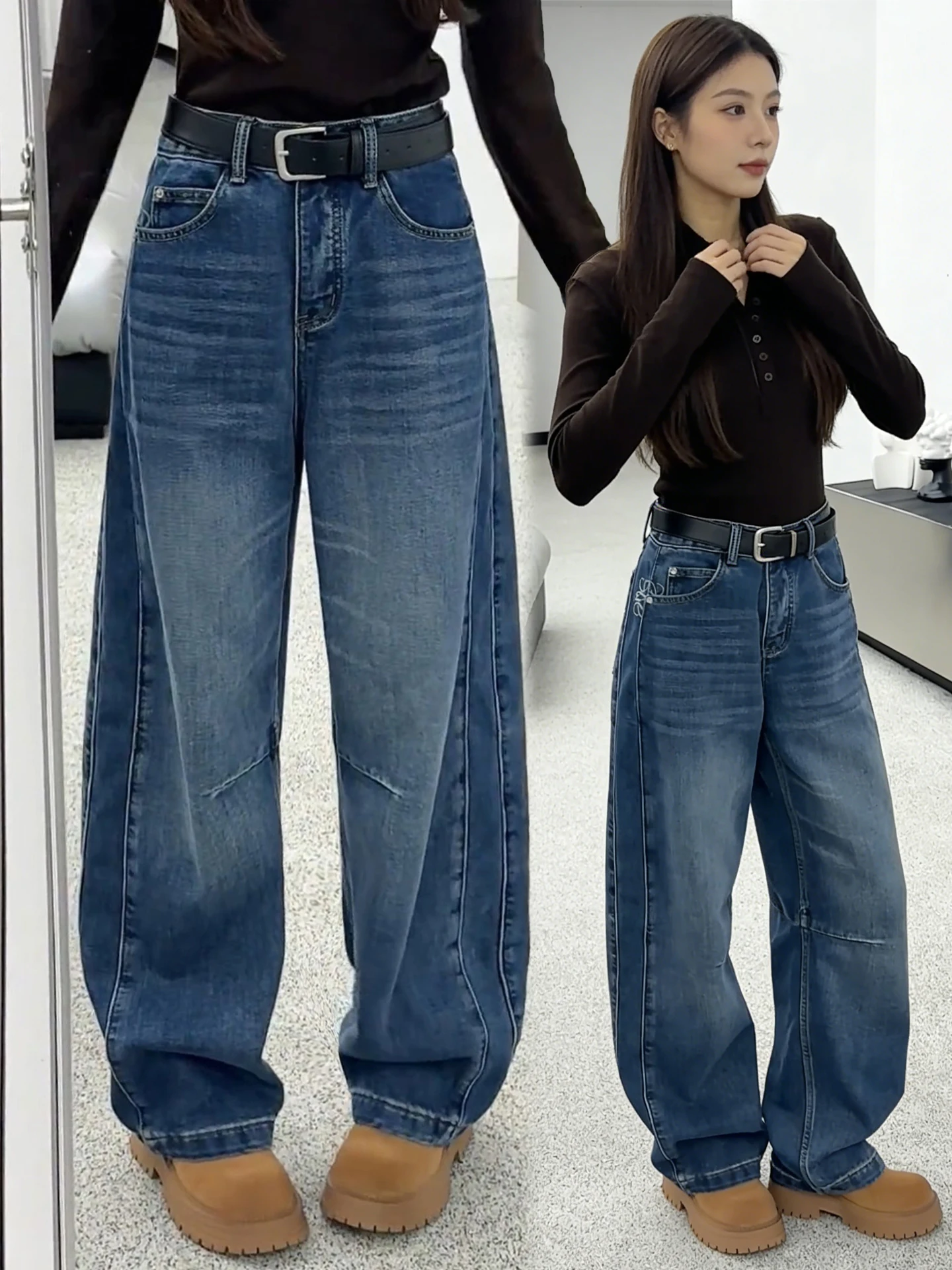 

High Waist Wide Leg Jeans Women's Spring Autumn Casual Style Faded Washed Softened Treatment Knife Loose Fit Slimming