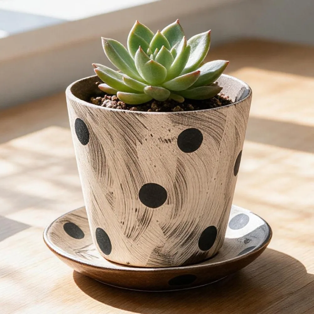 Retro Polka Dot Ceramic Flowerpot with Retro Hand-painted Plant Flowerpot Fleshy Flowerpot Home Desktop Garden Decoration