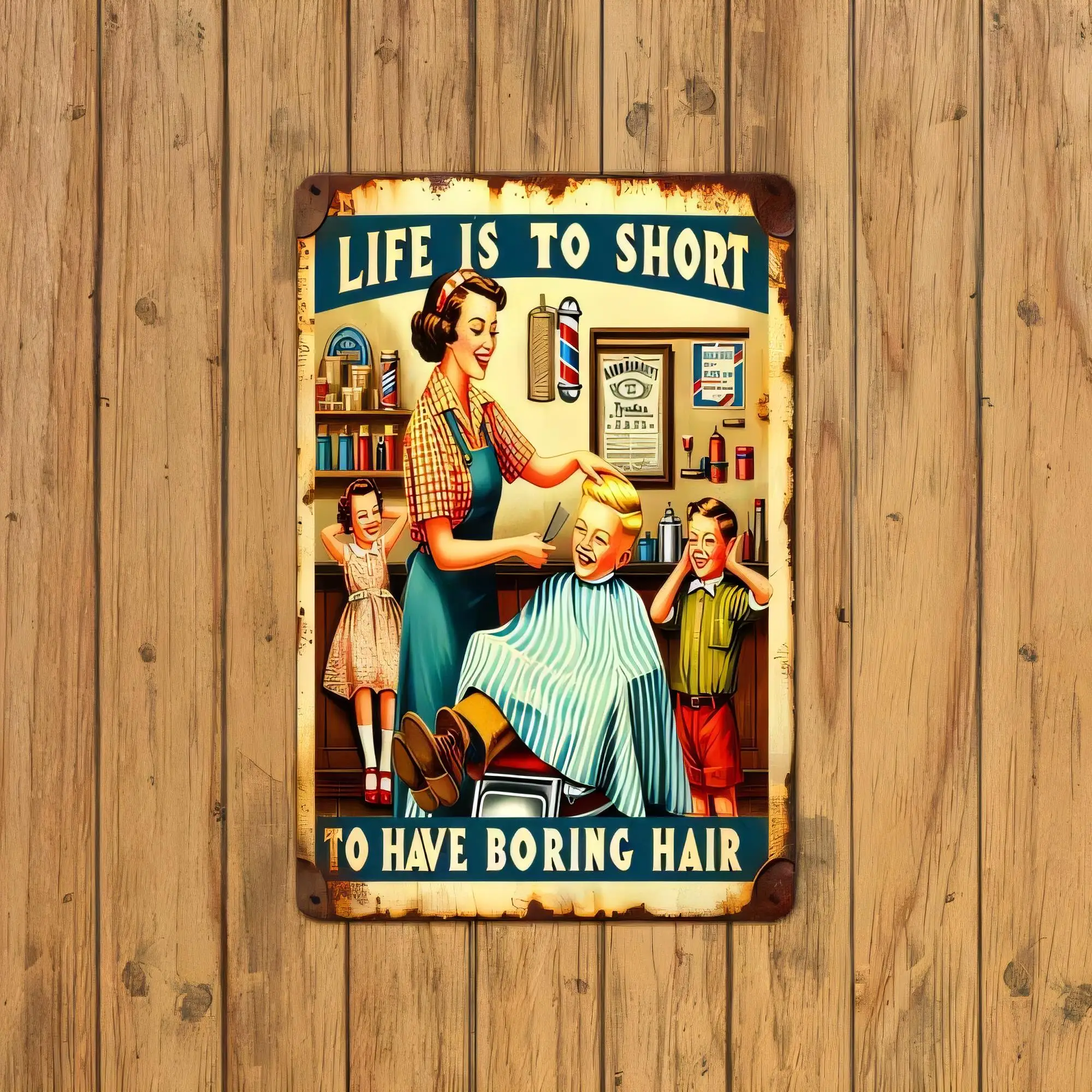 Tin Sign, Retro Vintage Style Life Is To Short To Have Boring Hair Funny Quote Metal Plaque Wall Decor for Bathroom Bedroom Salo