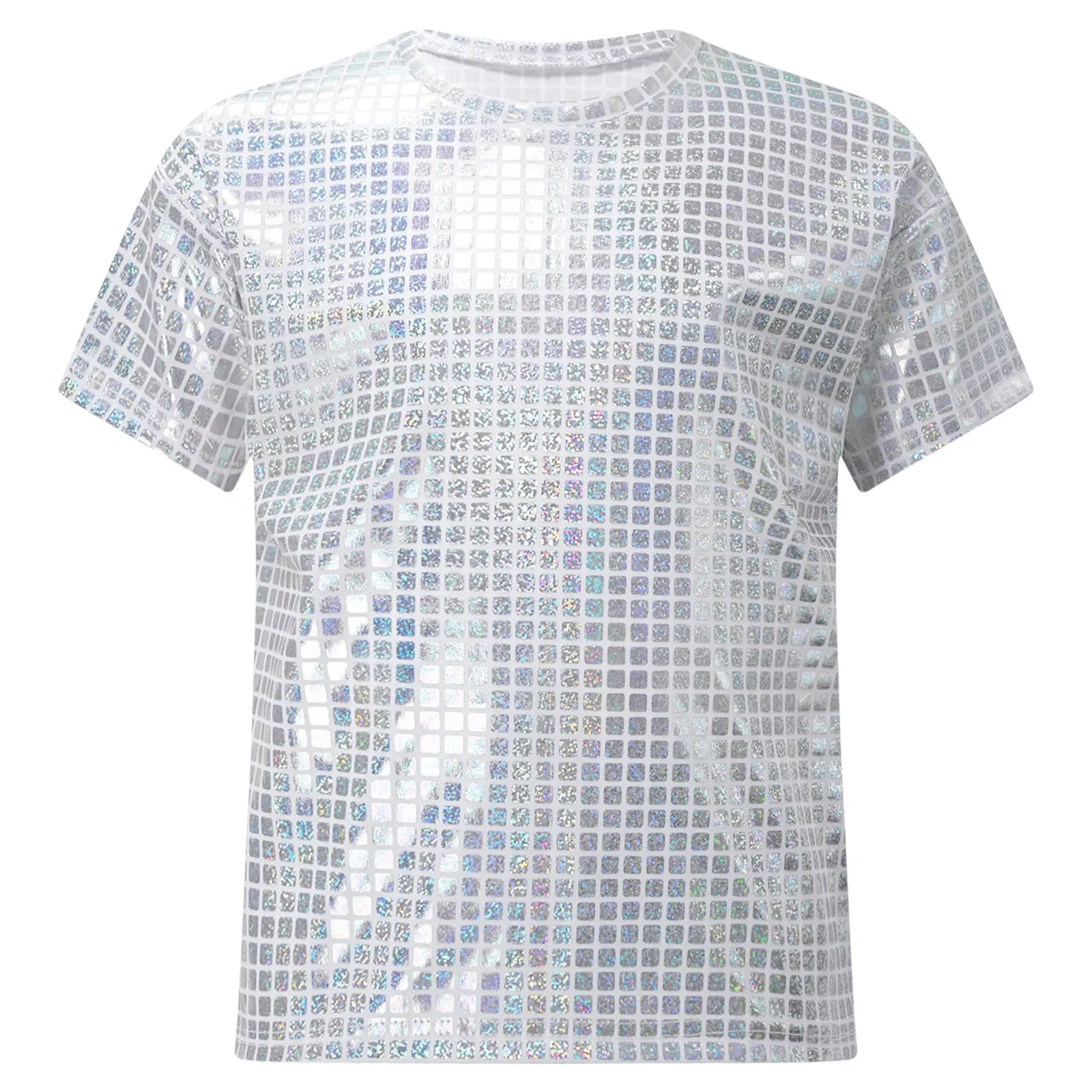 

Children Metallic Shiny Plaid Sequins Dance T-shirt Tops Jazz Hip Hop Street Dancing Cheerleading Stage Performance Dancewear