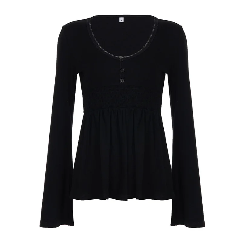 Schwarzes Spitzen-Peplum-Top für Damen mit Puppenkragen, Y2K-Bluse mit ausgestellten Ärmeln und A-Linien-Schnitt, Babydoll-Stil mit Knopfdetails – Detail 5