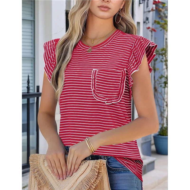 

Women's Pleated Crew Neck Casual Striped Pocket Ruffle Short Sleeve Top