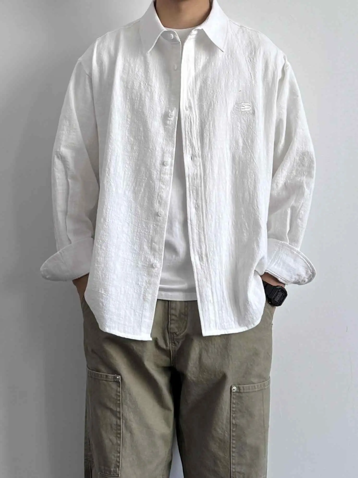 

Spring Autumn Loose Casual Long Sleeve Shirt Retro Texture Linen like Feel Embroidered Japanese Style Trendy Outerwear Coat