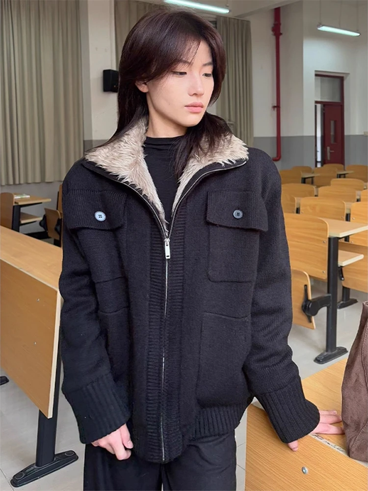 

American Sle Men's Knitted Jaet Thiened Fce Winter Coat Zipper Cardigan Cotton Clothes Warm Casual Outerwear