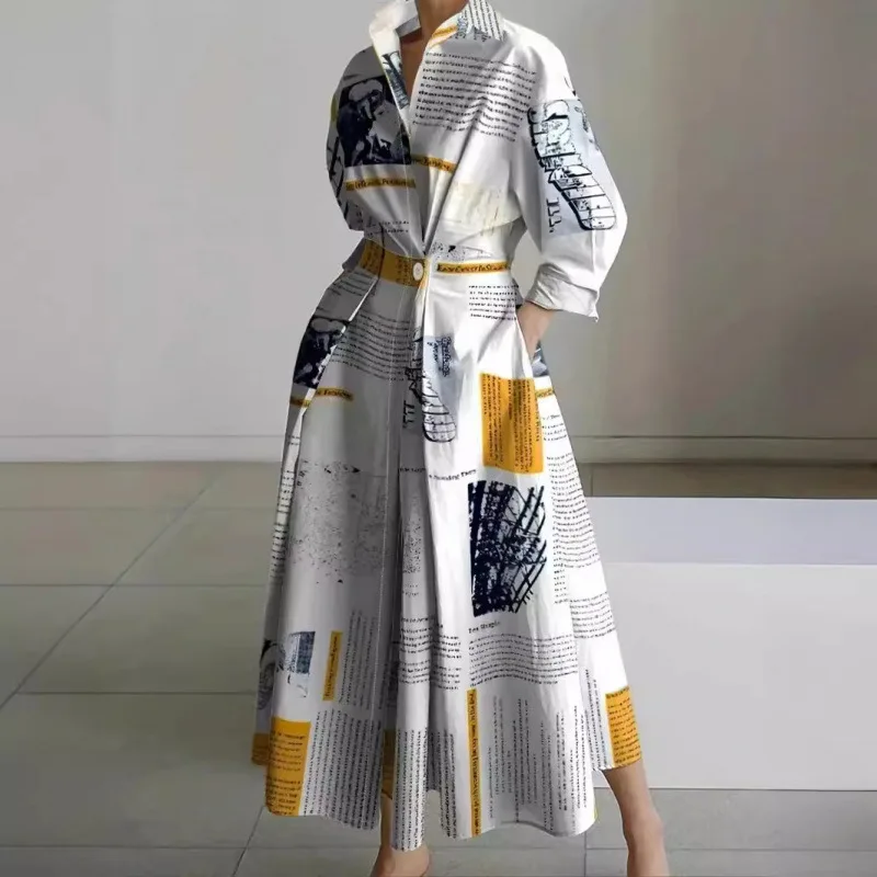 Fashion Letter Printed Shirt Collar Dress for Women High Street Trend Casual Loose Big Swing Dresses Female Clothing