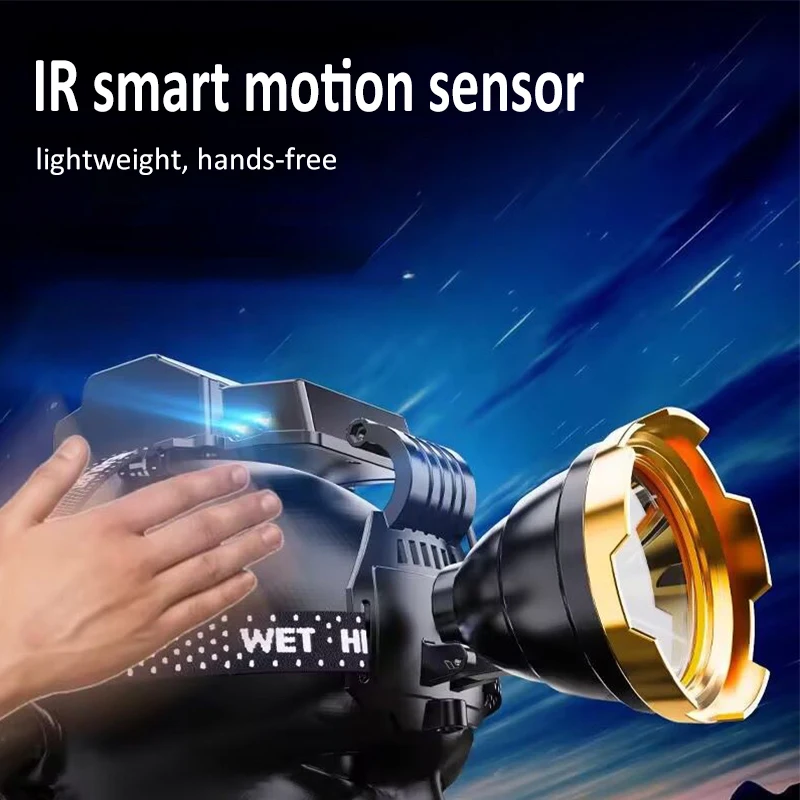 Smart IR Motion Sensor LED Headlamp Super Bright USB Rechargeable Headlight Waterproof Head Lamp with Built-in Battery