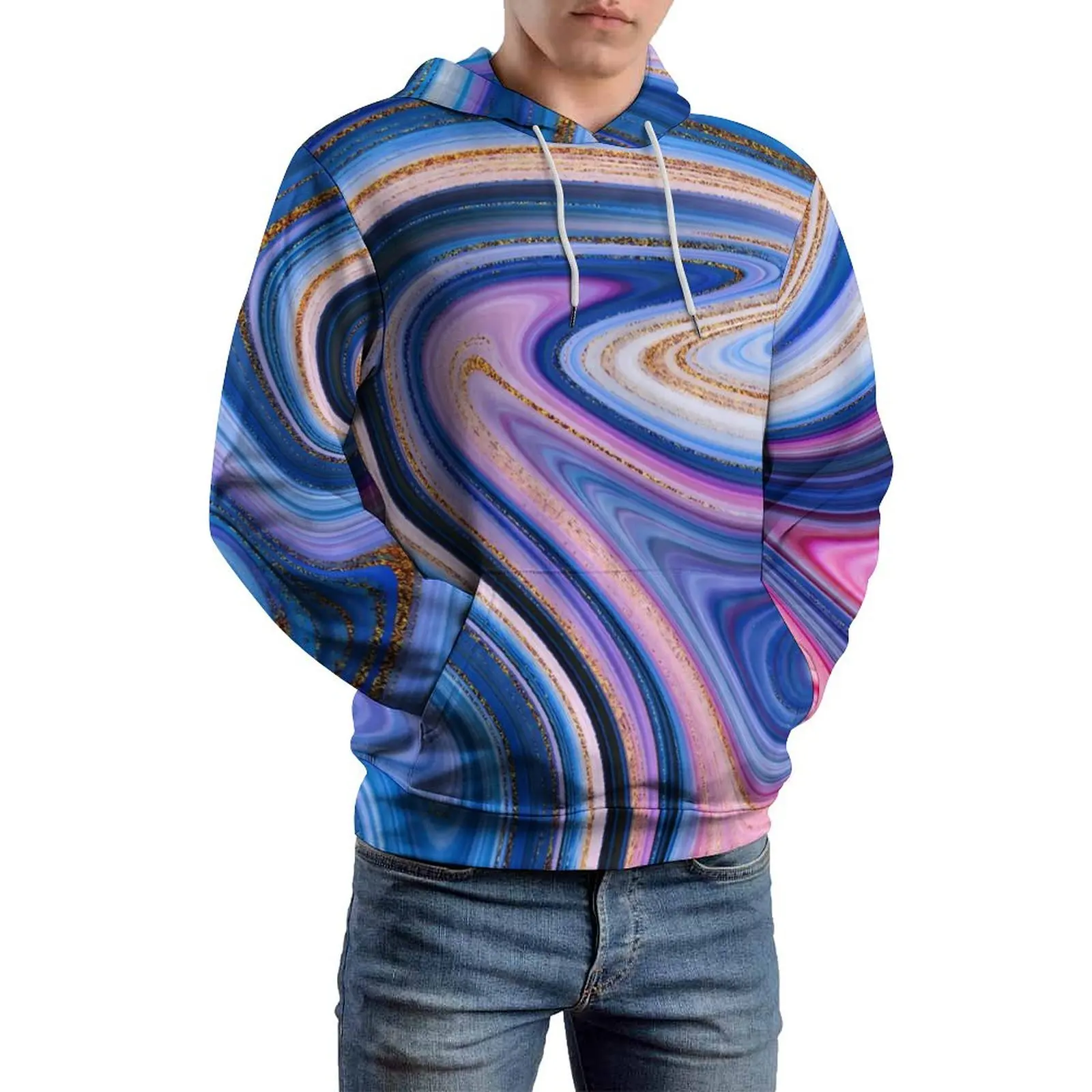 Blue And Gold Marble Casual Hoodies Colorful Print Loose Pullover Hoodie Unisex Long Sleeve Modern Sweatshirts Plus Size 5XL 6XL