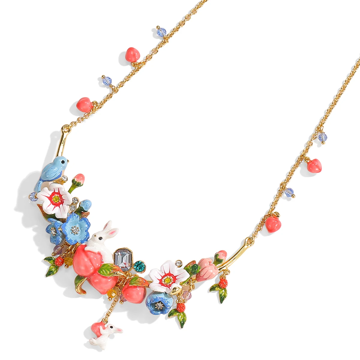 New original design luxurious and fashionable enamel glaze three-dimensional white rabbit bird peach flower tassel necklace