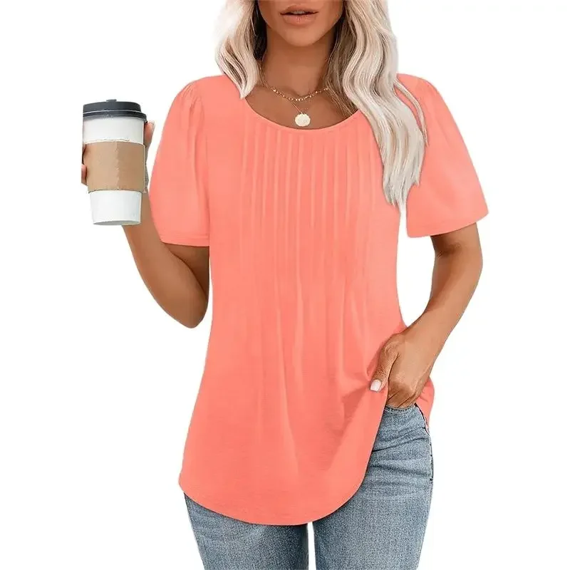 

Women Fashion Solid Color Pleats Stripes T-Shirt Summer Comfortable Casual Commuter Short Sleeve Top Female O Neck Pullover Tees