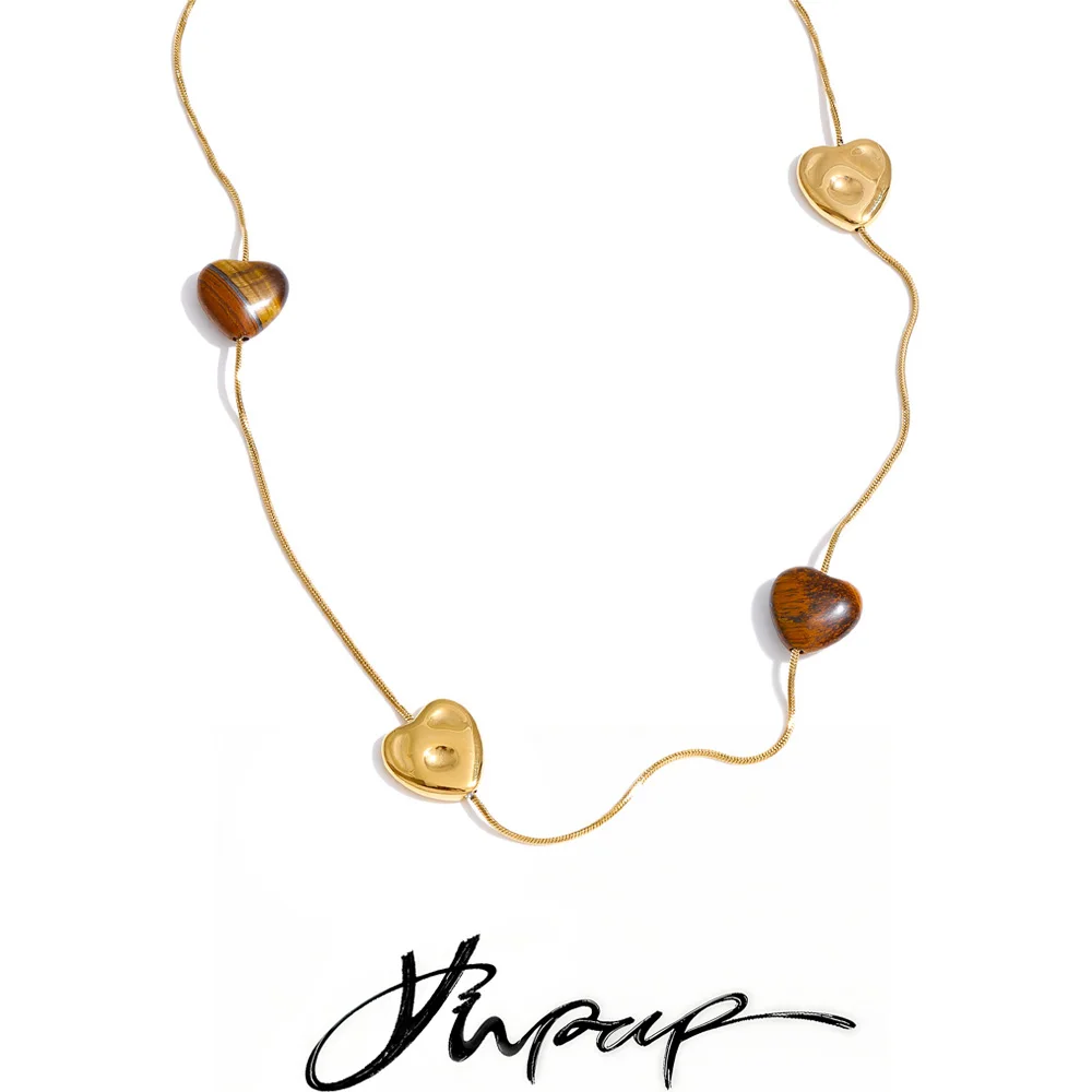 Yhpup 70+5cm Natural Tiger Stone Heart Sweater Long Chain Necklace for Women Stainless Steel New Arrival Trending Jewelry Gift