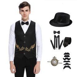 Chaleco de gángster Gatsby de los años 1920 para hombre, conjunto de accesorios de disfraz, sombrero Fedora, disfraces Retro, accesorios de Anime, chaleco Vintage