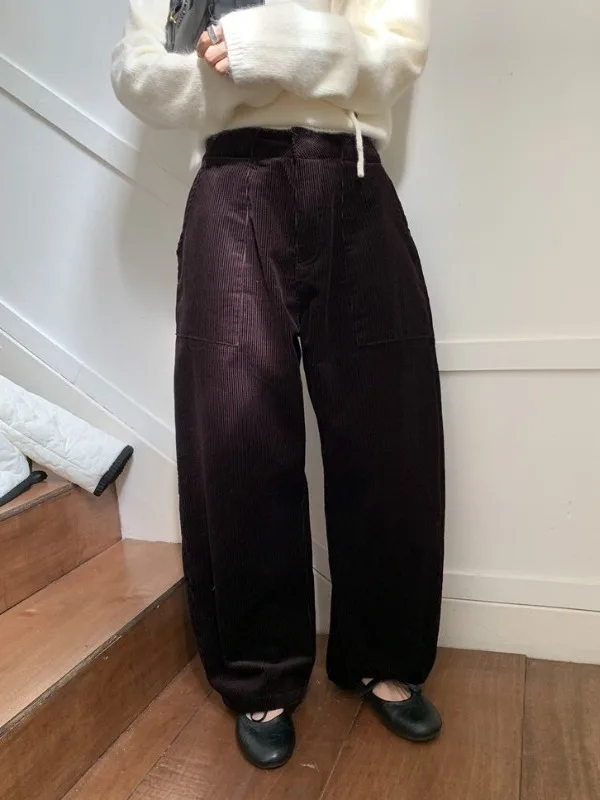 الرجعية كسول Sle Thi سروال قصير بنطال ذو قصة أرجل واسعة المرأة الخريف الشتاء عادية المنجل السراويل الكورية Sle عالية الخصر فضفاضة تناسب #3