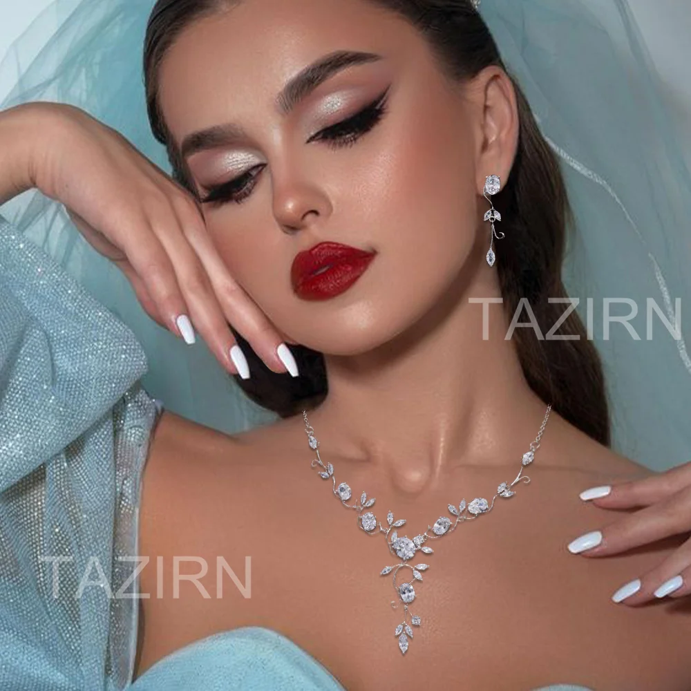 TAZIRN AAA Cubic Zirconia 2PCS Jewelry Set for Women CZ Crystal Earring Necklace Sets Wedding Bridal Dress Jewelry Accessories