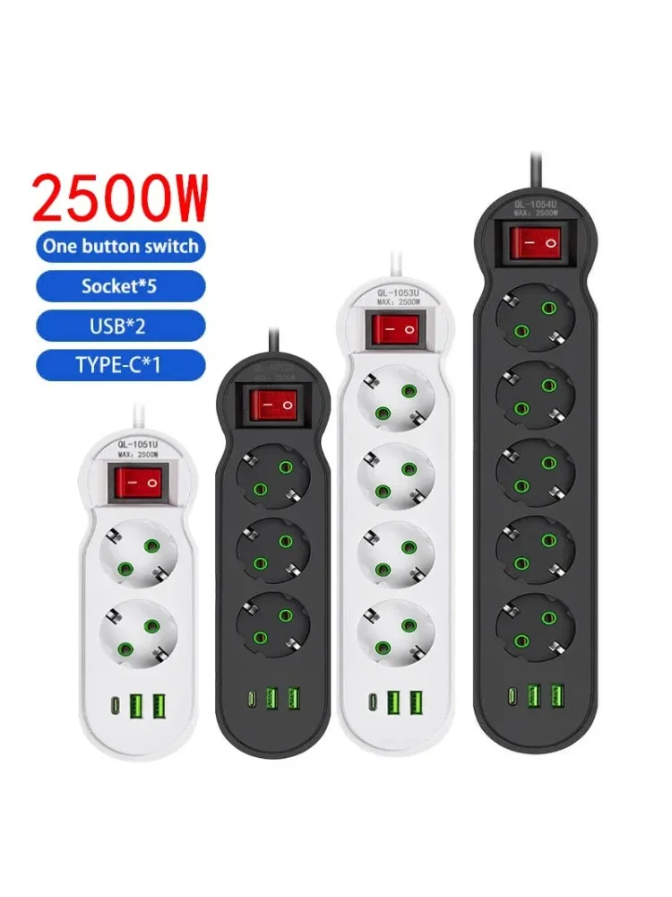 EU-stekker stekkerdoos 2/3/4/5 stopcontact Multitap-verlenging 10A met 2 USB 1 Type-C-poorten 2 m snoer stopcontact 2500 W - afbeelding 2