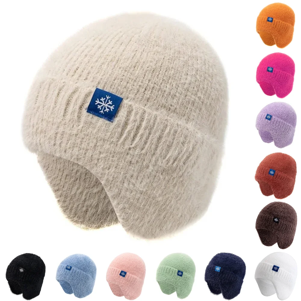 New Women Candy Colors Earflap Winter Hat Fashion Faux Fur Knitted Hat Kpop Style Soft Beanie Hats Female Streetwear Cap