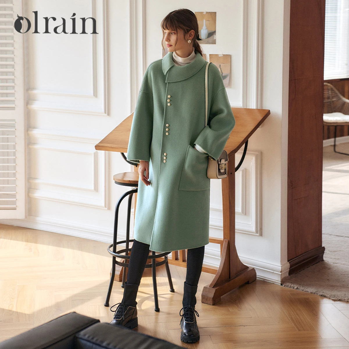 

OLrain французские длинные шерстяные пальто для женщин, осень 2024, свободная шерстяная куртка с длинными рукавами, модное однотонное отложное пальто VP56DS58996