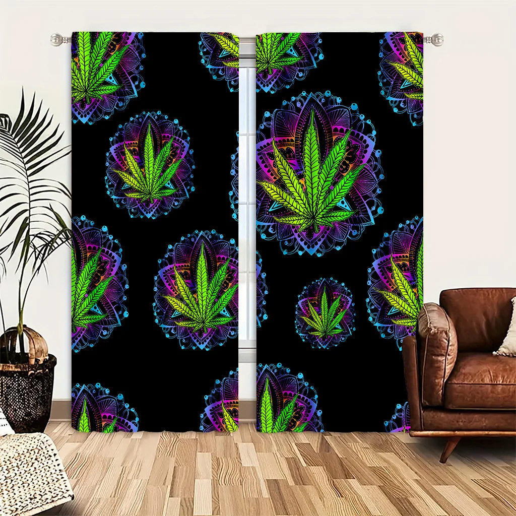 Psychedelic Leaf Pattern Curtains, Neon Mandala Graphic Window Drapes, Trippy Room Decor, Blackout Fabric for Living Room