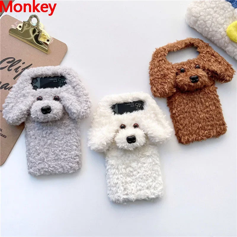 3D Cute Teddy Dog Fluffy Phone Case For Samsung Z Flip 1 2 3 4 5 6 Galaxy Flip5 Case Shockproof Winter Plush Fur Hard Back Cover