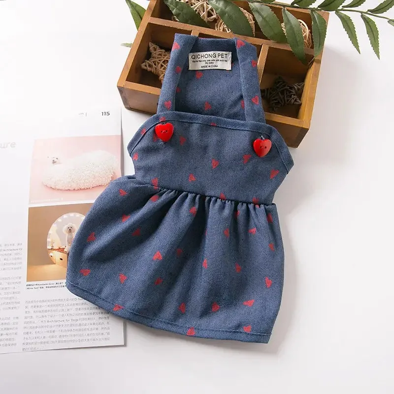 Love Dog Dress Four Seasons Pet Denim Love Strap Dress Pet Cat Dog Strap Dress Pumpkin Dress Bears Teddy Schnauzer Puppy Clothes