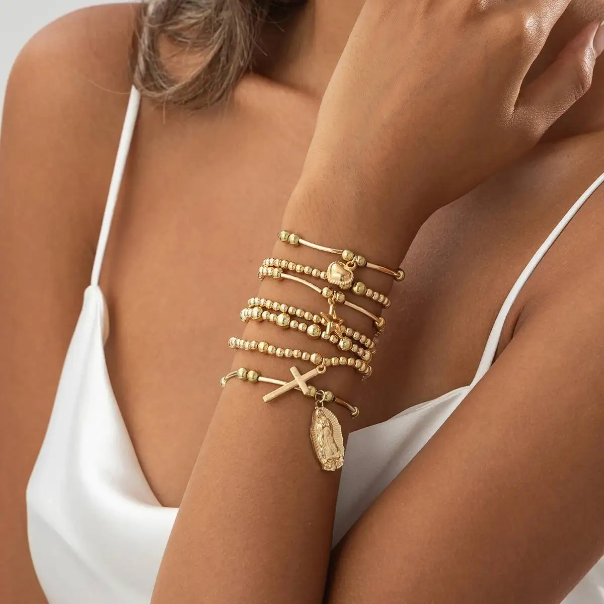 

Ingemark 7Pcs/Set Gothic CCB Beads Bracelets Vintage Cross Heart Star Pendant Chain Bangles for Women Trendy Couple Jewelry