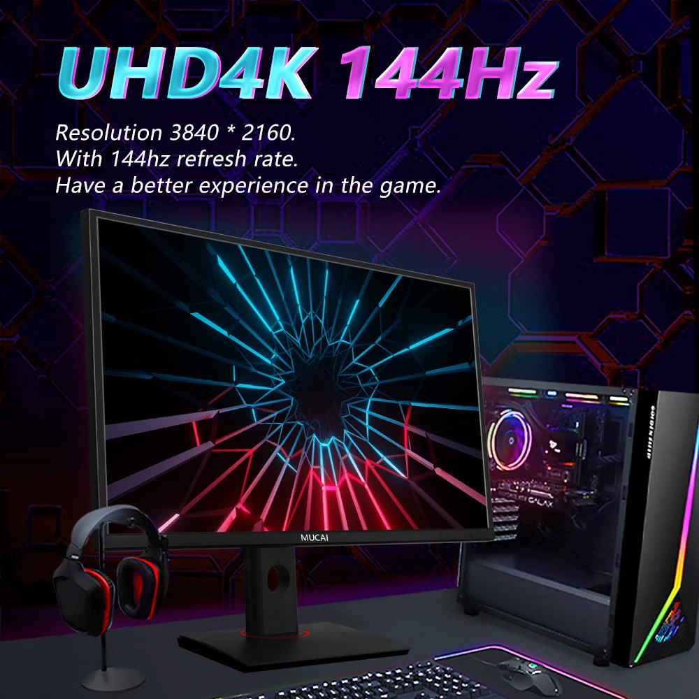 MUCAI 27 Inch 4K Monitor 144Hz Display IPS Desktop LED Gamer UHD Computer Screen HDMI-compatible 2.1/DP/3840*2160