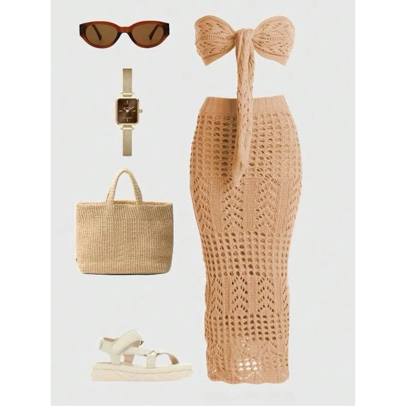 

Knitted Bandeau Dress Set Women's Summer Fashion Ensemble Wrap Chest Skirt Outfit Cross-Border No Brand Registered Trademark