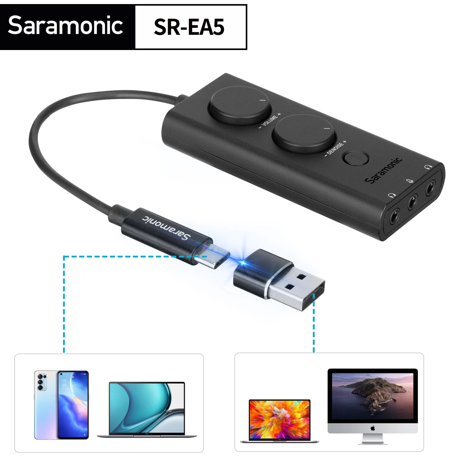 Saramonic SR-EA5 USB External Denoise Sound Card to 3.5mm Audio Adapter USB to Earphone for Mic iphone Macbook Computer Laptop