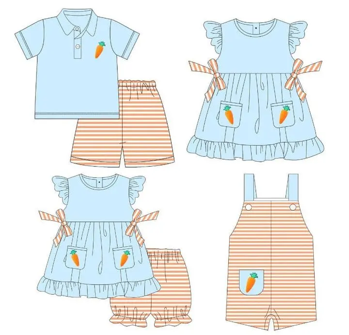 Easter Boutique Short Sleeve T-shirt Round Neck Carrot Embroidery Girl Blue Romper Boy Top Clothes And Pleated Skirt Pants