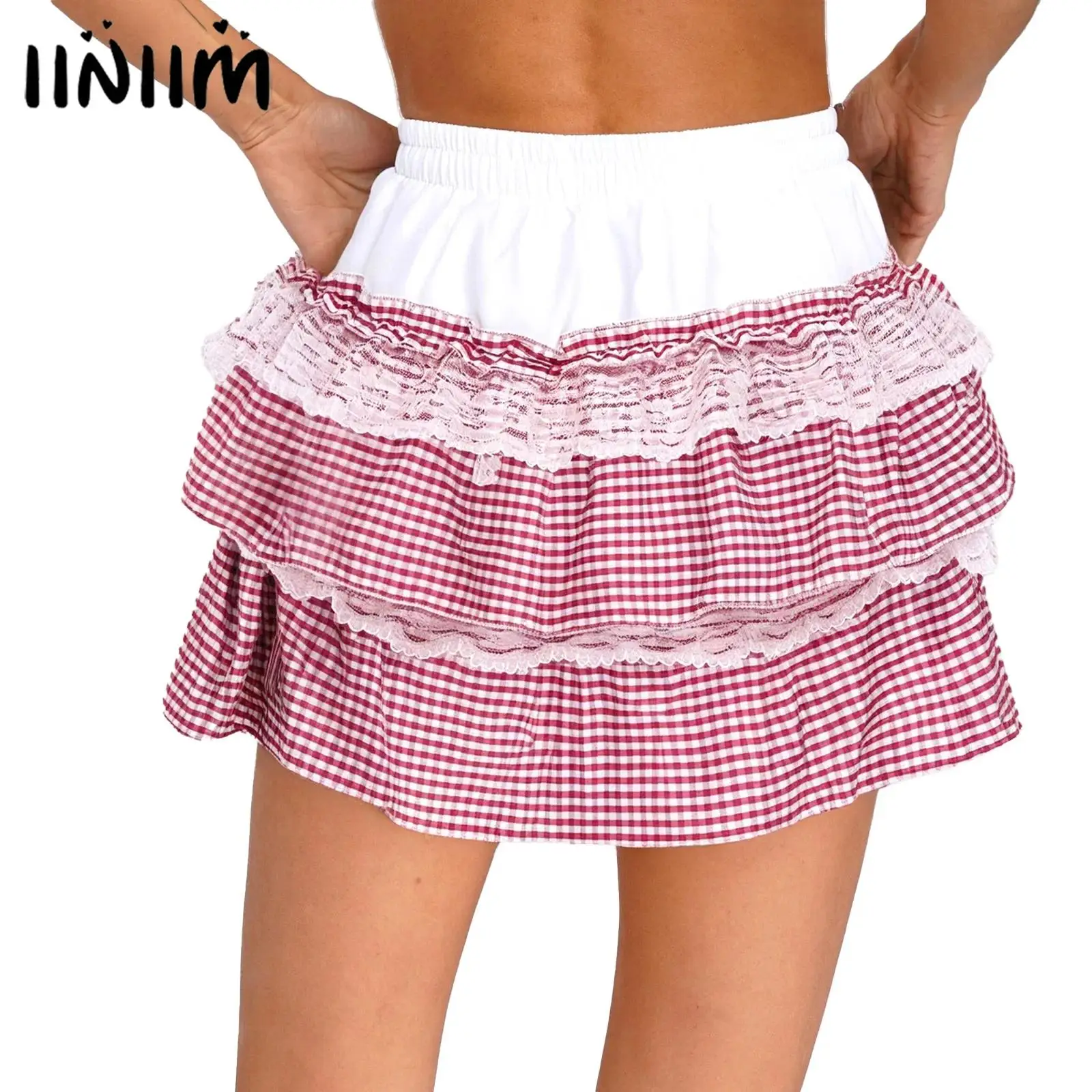 

Womens Ruffled Lace Plaid Tiered Skirt with Safety Shorts Elastic Waist Lolita Kawaii Mini Skirt Color Block Half Body Skirt