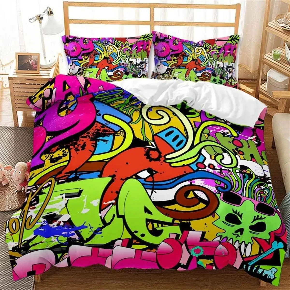 3D Colourful Street Graffiti Printed Duvet Cover Set 2 Pieces, Microfiber Bedding Set Zipper, Quilt Cover with 1 Pillowcases