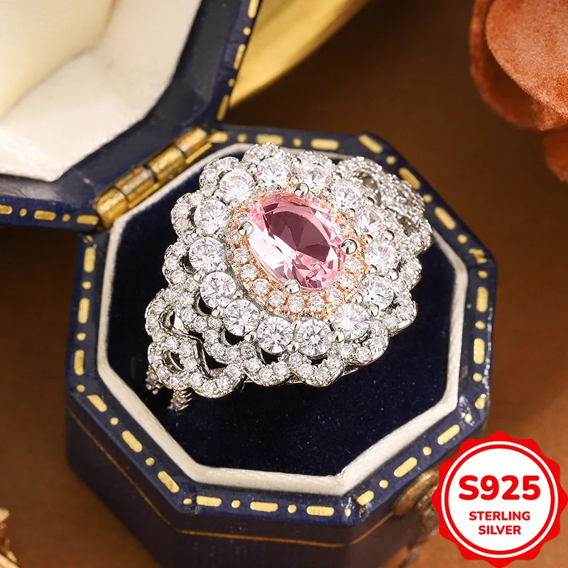Fashionable and Elegant Genuine S925 Silver Pink Zircon Luxury Lace Women's Ring