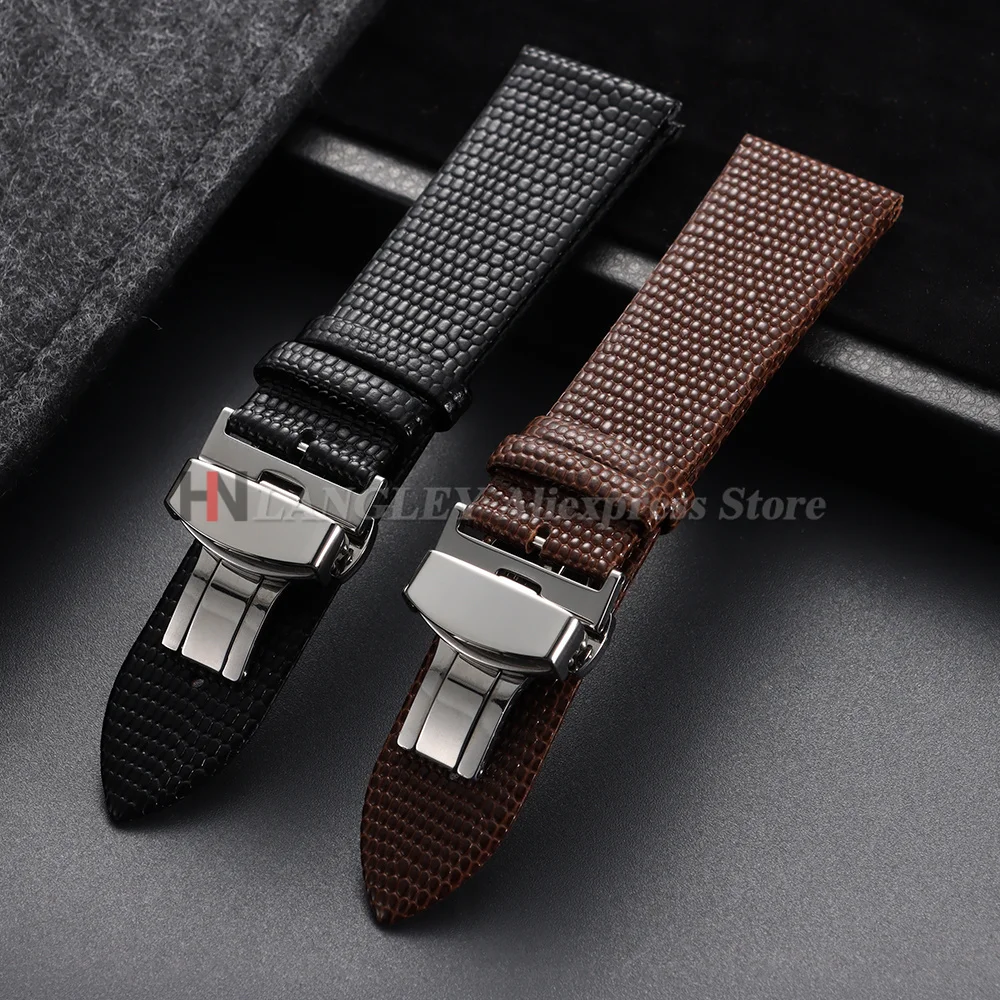 10/12/14/16/18/20mm/22mm Cowhide Leather Watch Band Lizard Pattern Watch Straps Ultra-Thin Bracelet Butterfly Buckle Brown Black