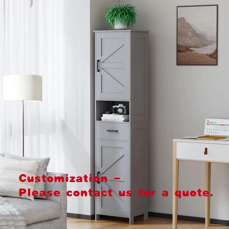 

custom.Tall Black Bathroom Storage Cabinet with Barn Freestanding Linen Tower with Drawer & Open Compartment Spa