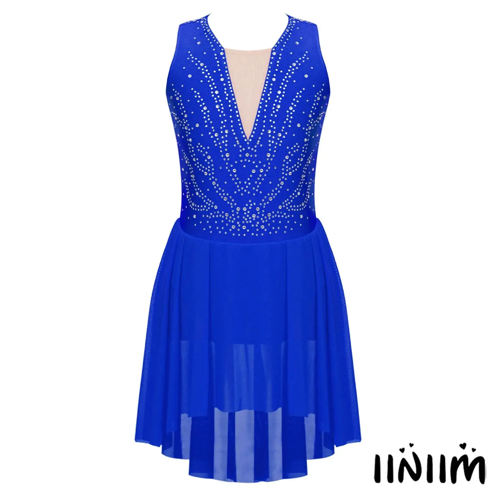 

Kids Girls Sparkling Rhinestone Figure Skating Performance Dress Strappy Back Asymmetrical Hem Sleeveless Lyrical Dance Dresses