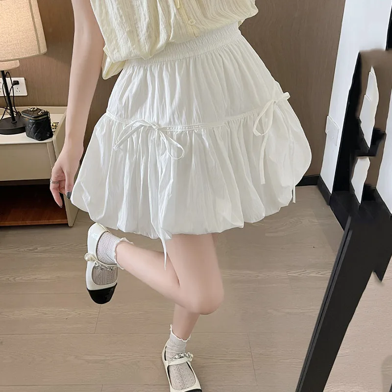 

Sweet Bowknot A Line Skirts Women Korean Ins High Waist Lantern Mini Skirts Ladies Solid Color Versatile Summer New Short Skirt