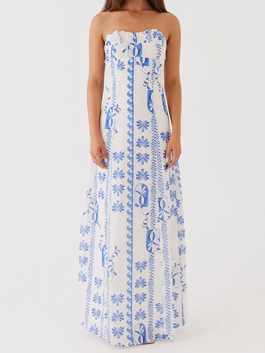 Langes Röhrenoberkleid für Damen mit Blumenmuster, einfarbig, gerüscht, schulterfrei, ärmellos, A-Linie, Abendkleid für Party, Club