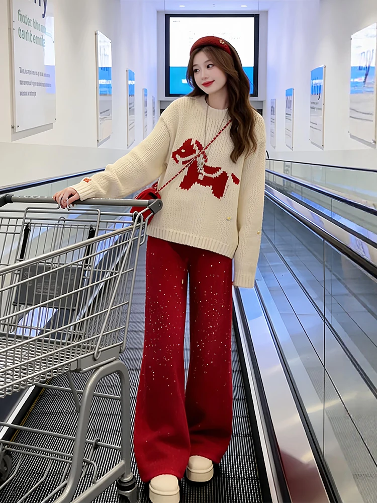 

Winter New Arrival Lazy Style Red Wide Leg Pants And White Sweater Women's Fashion Set Casual Comfortable plus Size