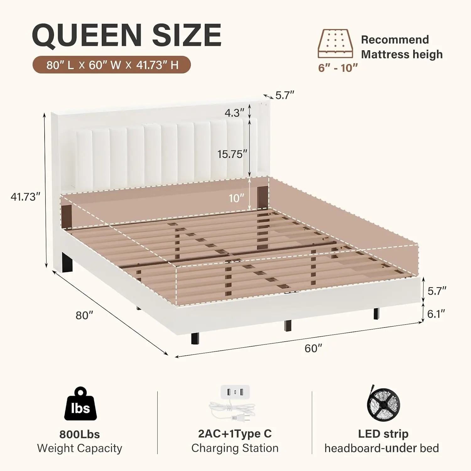 Queen Floating LED Bed Frame Modern Storage White, Customized