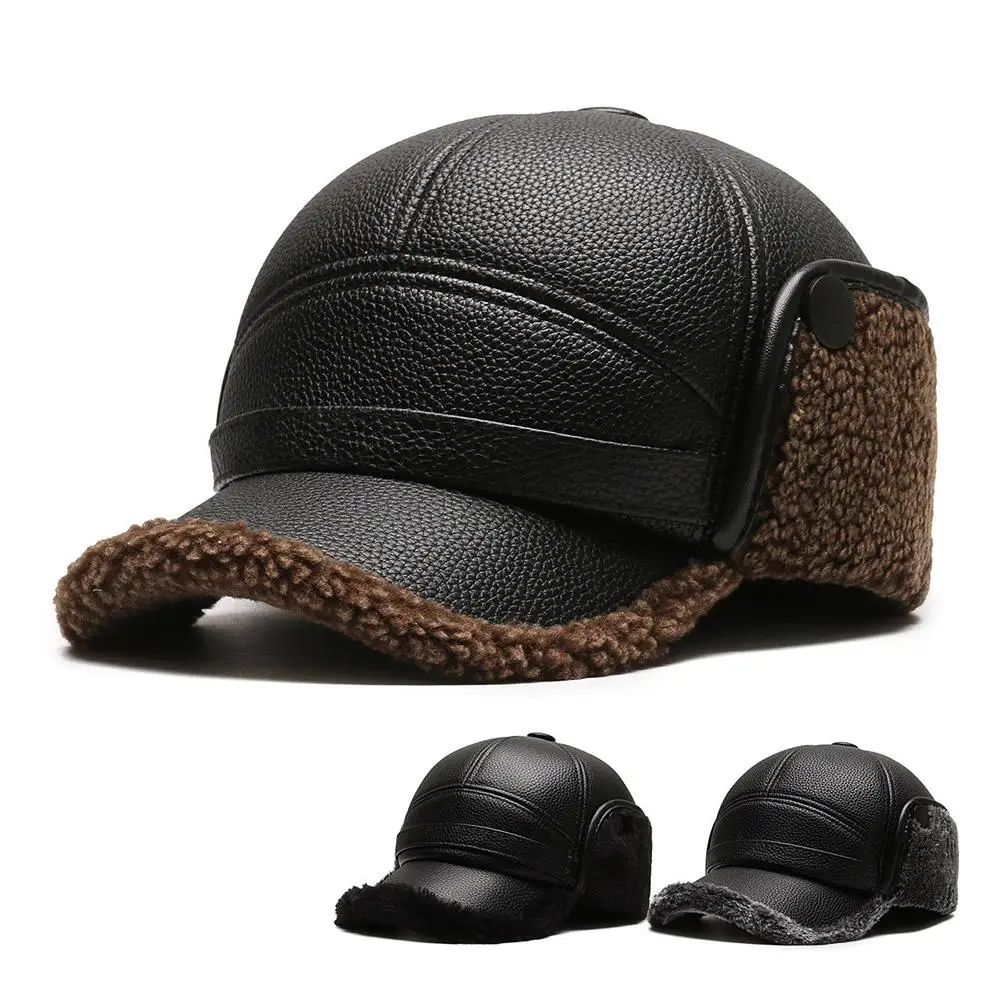 NEW Pu Leather Baseball Cap Men Winter Warm Hat Dad Grandpa Thermal Hat Thick Warm Leather Hat Old Man Ear Protection Cap