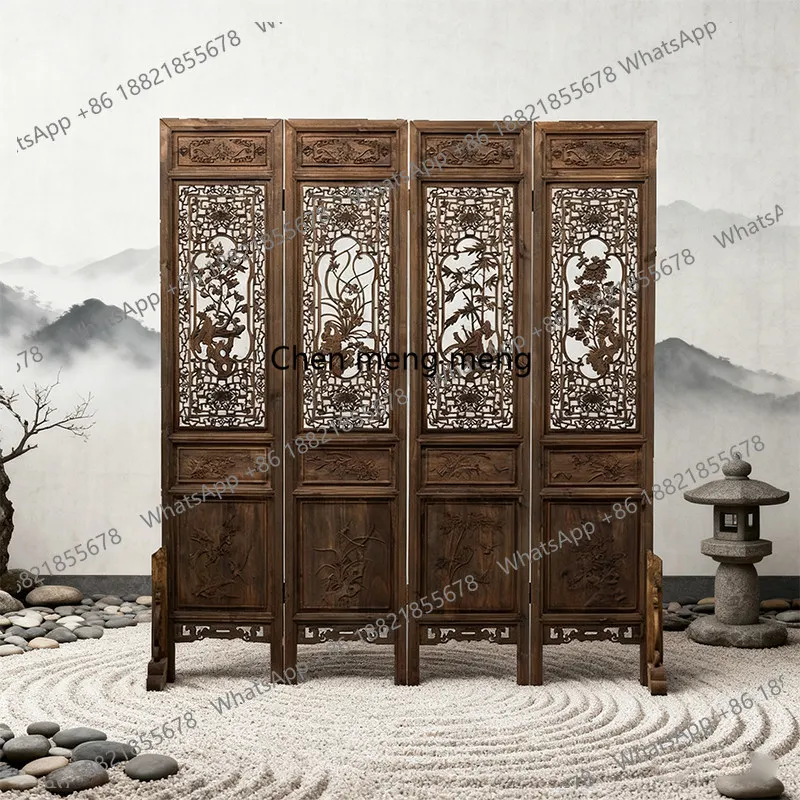 Chinese-style antique screen with hollow-carved patterns solid wood partition for entrance hall retro decoration for photography