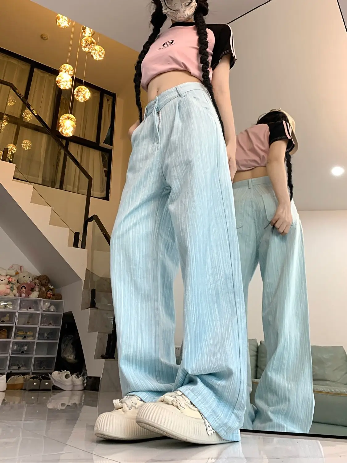 Jeans High-End Striped Women\'S 2024 Summer New Design Light-Colored High-Waisted Straight Wide-Leg Floor-Length Trousers