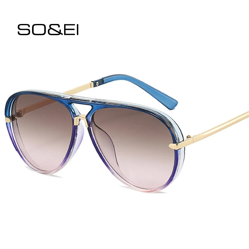 

SO&EI Retro Pilot Women Double Bridges Sunglasses Fashion Gradient Shades UV400 Men Punk Blue Green Sun Glasses
