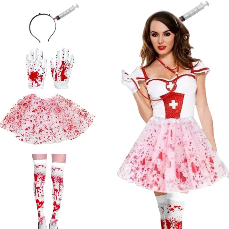 

4pcs Halloween Cosplay Costume Including Headband Gloves Gauze Skirt Socks Bloody Suit for Women Carnivalv Party Outfits