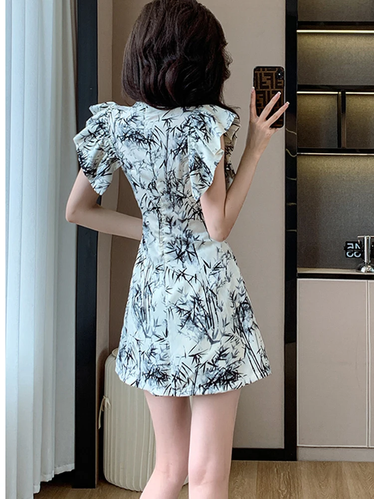 Summer Vintage Two-piece Set For Women Blouse Tops And Shorts Female Large Size Slim Polyester Loose Ink Bamboo Print Match Suit